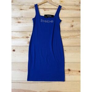 Bebe Dress Womens Small Cobalt Blue Rhinestone Logo Bodycon Tank Stretch Knit